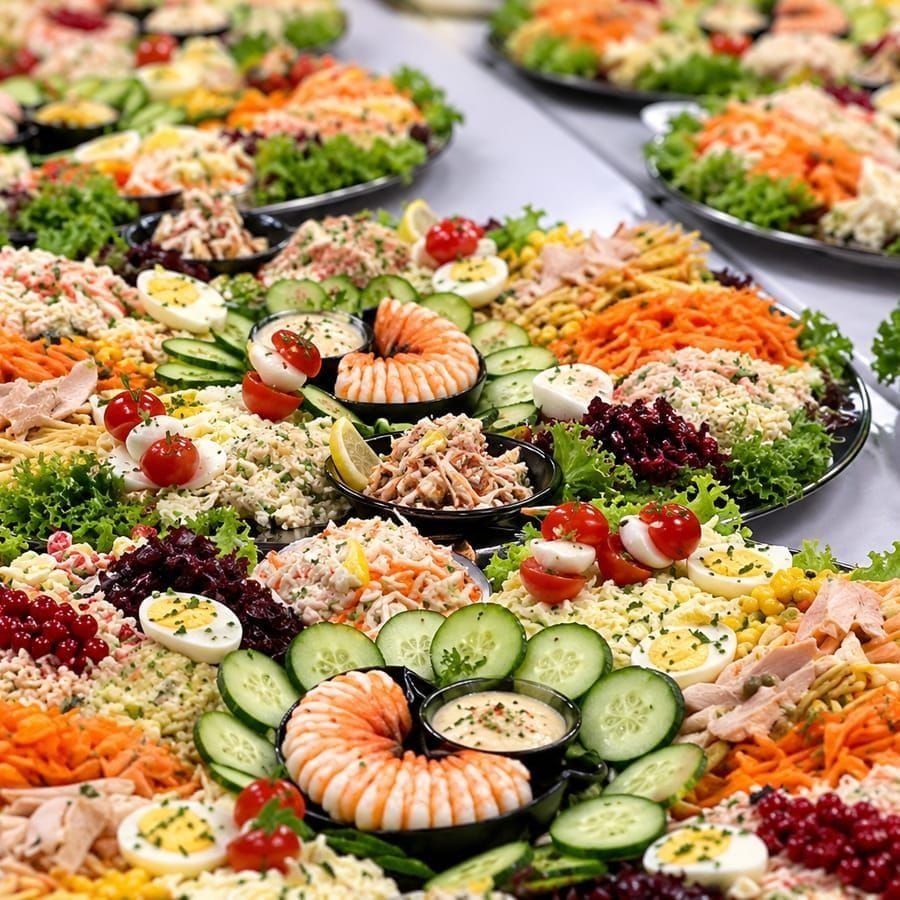 Plateaux de salades composées préparés pour un buffet