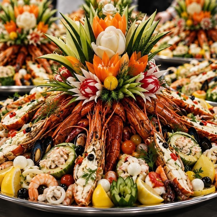 Grand plateau de fruits de mer : langoustines, crabe et crevettes